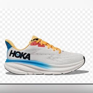Hoka  Clifton 9 White and Blue and yellow Athletic Shoes